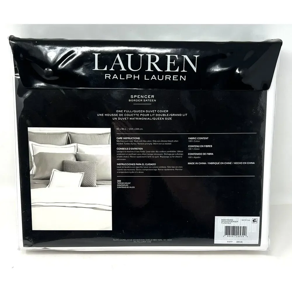 Ralph Lauren Spencer Border Sateen Full Queen Duvet Cover FLAX Tan White NWT New